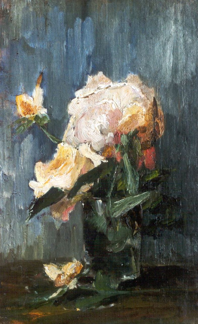 Mesdag-van Houten S.  | Sina 'Sientje' Mesdag-van Houten, Studie van een roos, olieverf op doek op paneel 34,8 x 21,8 cm, gesigneerd verso op etiket