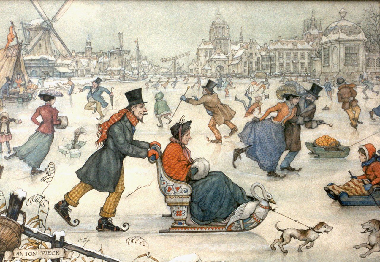 Pieck A.F.  | 'Anton' Franciscus Pieck, Sleetje rijden op het ijs, potlood en aquarel op papier 31,0 x 41,5 cm, gesigneerd linksonder