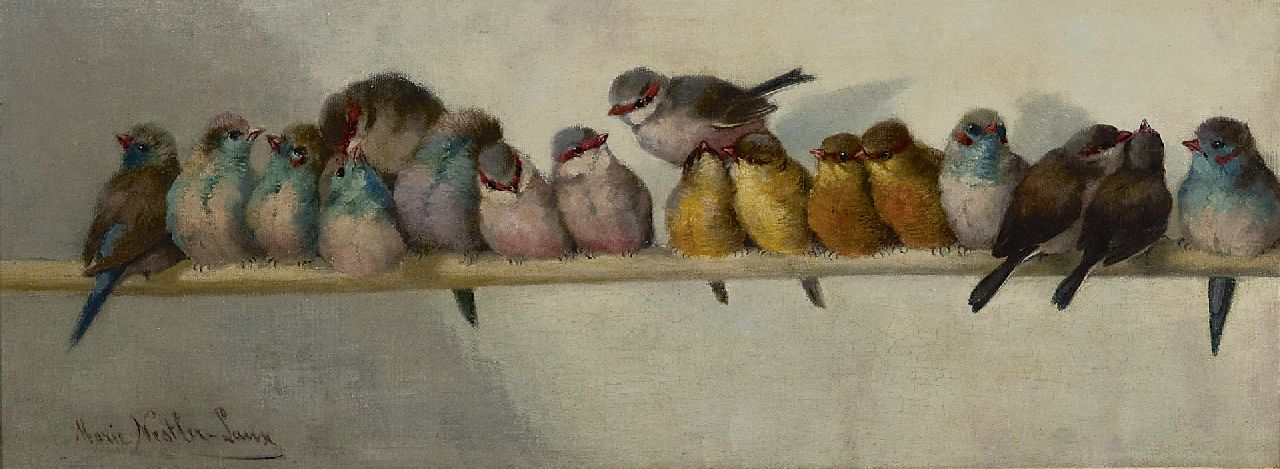 Nestler-Laux M.  | Marie Nestler-Laux, Zangvogels, olieverf op doek 18,0 x 46,3 cm, gesigneerd linksonder