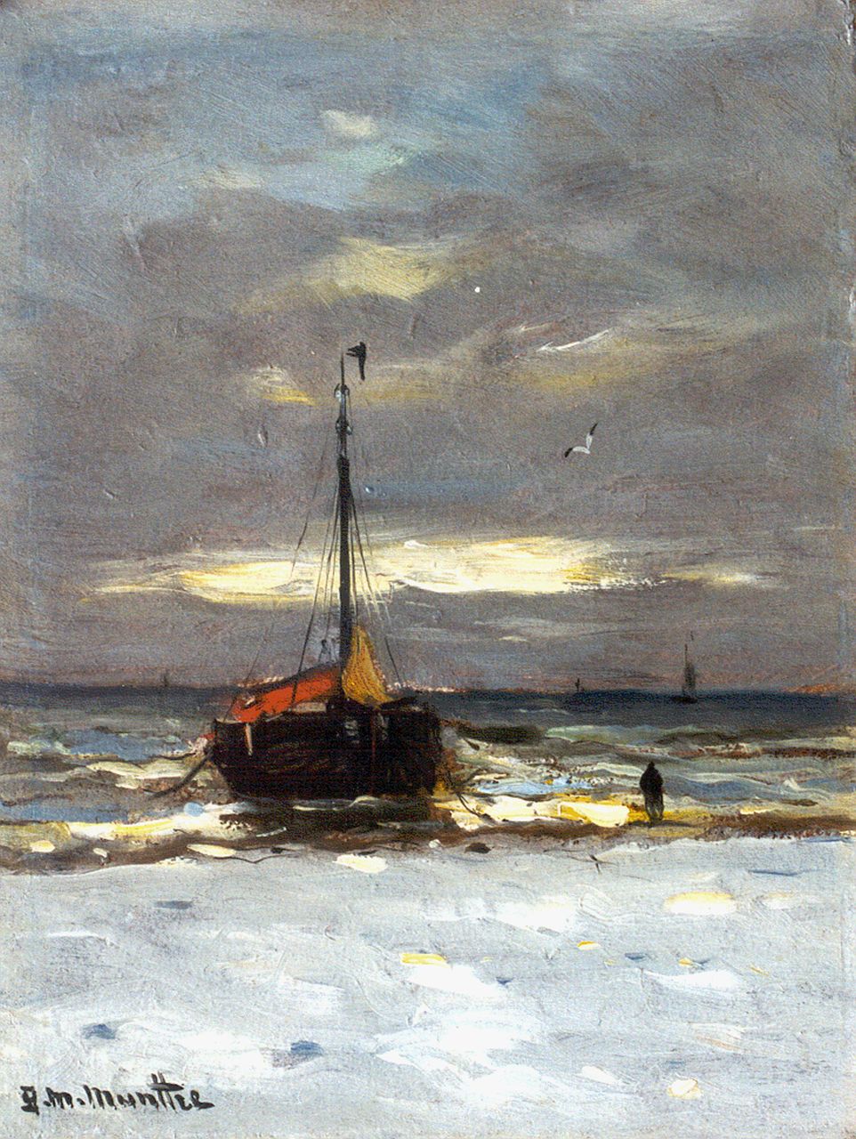 Munthe G.A.L.  | Gerhard Arij Ludwig 'Morgenstjerne' Munthe, Bomschuit op het strand, 20,9 x 15,8 cm, gesigneerd linksonder