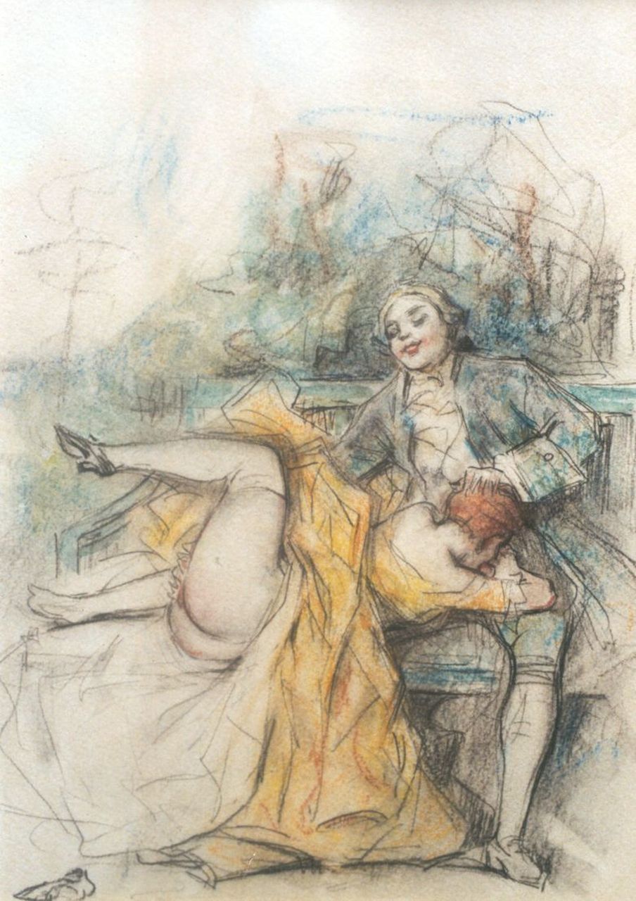 Poulton T.L.  | Thomas Leycester 'Tom' Poulton | Aquarellen en tekeningen te koop aangeboden | Société de secours mutuel / Wederzijdse ondersteuning, kleurpotlood op papier 21,5 x 18,0 cm