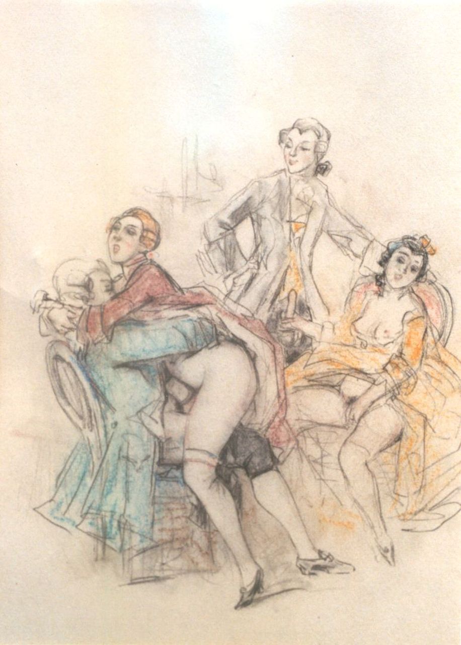 Poulton T.L. | Thomas Leycester 'Tom' Poulton | Aquarellen en tekeningen te koop aangeboden | Réunion mondaine / Mondain feestje, kleurpotlood op papier 21,5 x 18,0 cm Poulton T.L. | Thomas Leycester 'Tom' Poulton | Aquarellen en tekeningen te koop aangeboden | Réunion mondaine / Mondain feestje, kleurpotlood op papier 21,5 x 18,0 cm