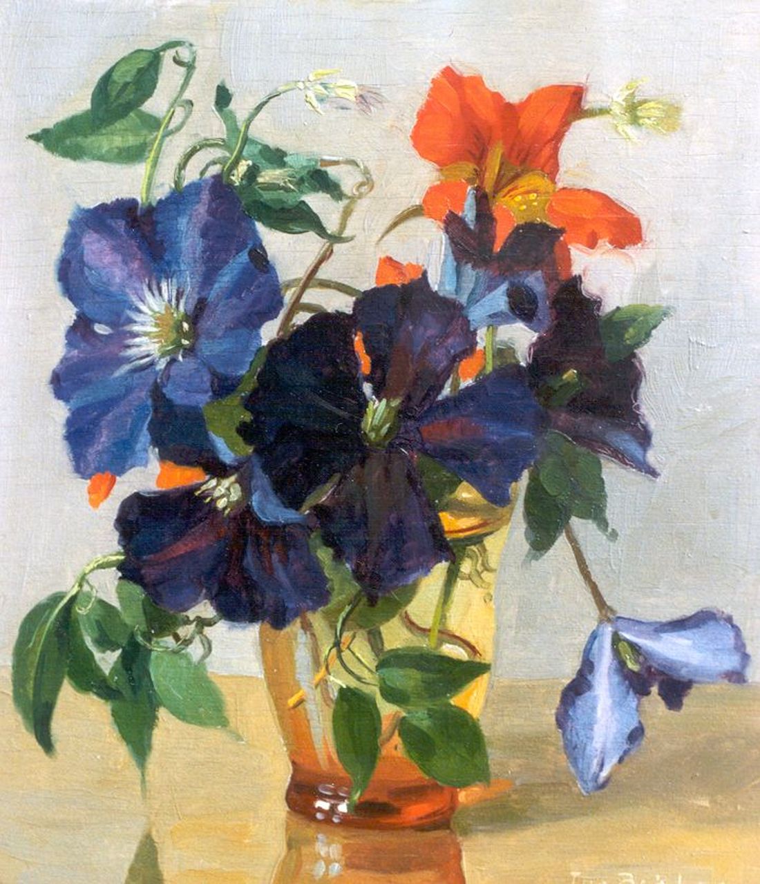Bakker J.  | Johannes 'Jan' Bakker, Clematis in glazen vaas, olieverf op paneel 26,0 x 23,0 cm, gesigneerd rechtsonder