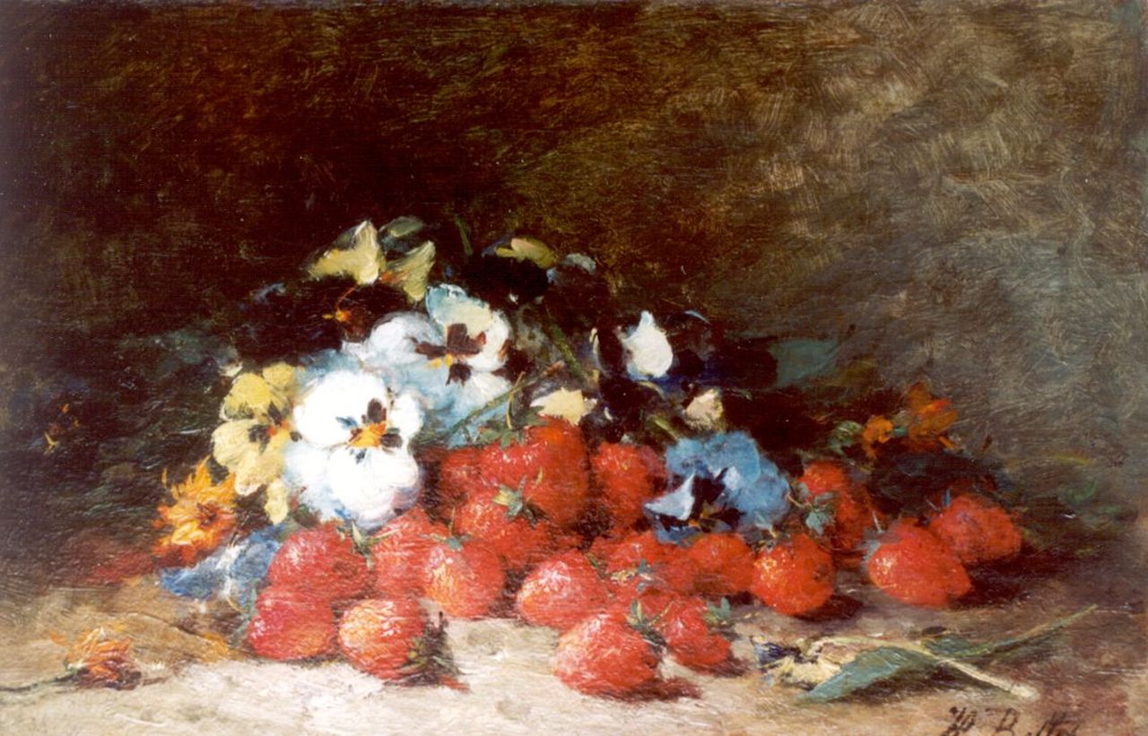 Bellis J.L.  | Josse-Lambert 'Hubert' Bellis, Bloemstilleven met aardbeien, olieverf op doek 29,5 x 43,5 cm, gesigneerd rechtsonder