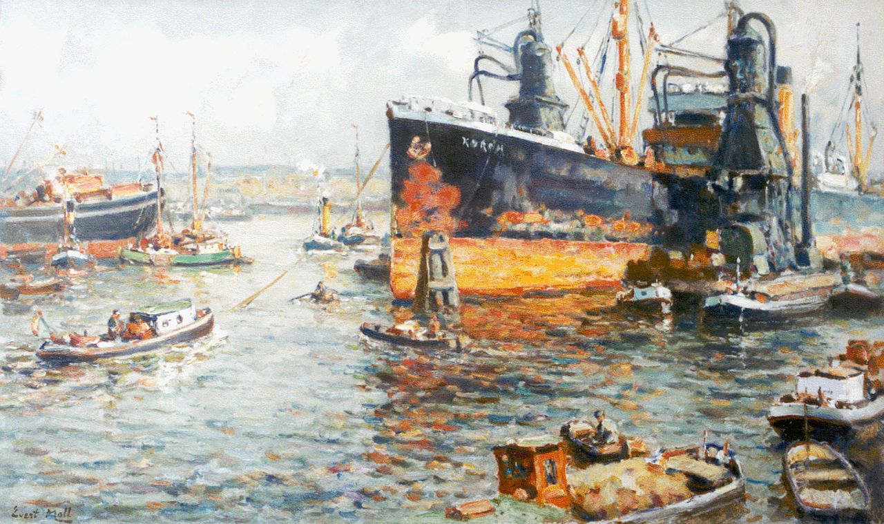 Moll E.  | Evert Moll, Schepen in de Rotterdamse haven, olieverf op doek 60,6 x 101,0 cm, gesigneerd linksonder