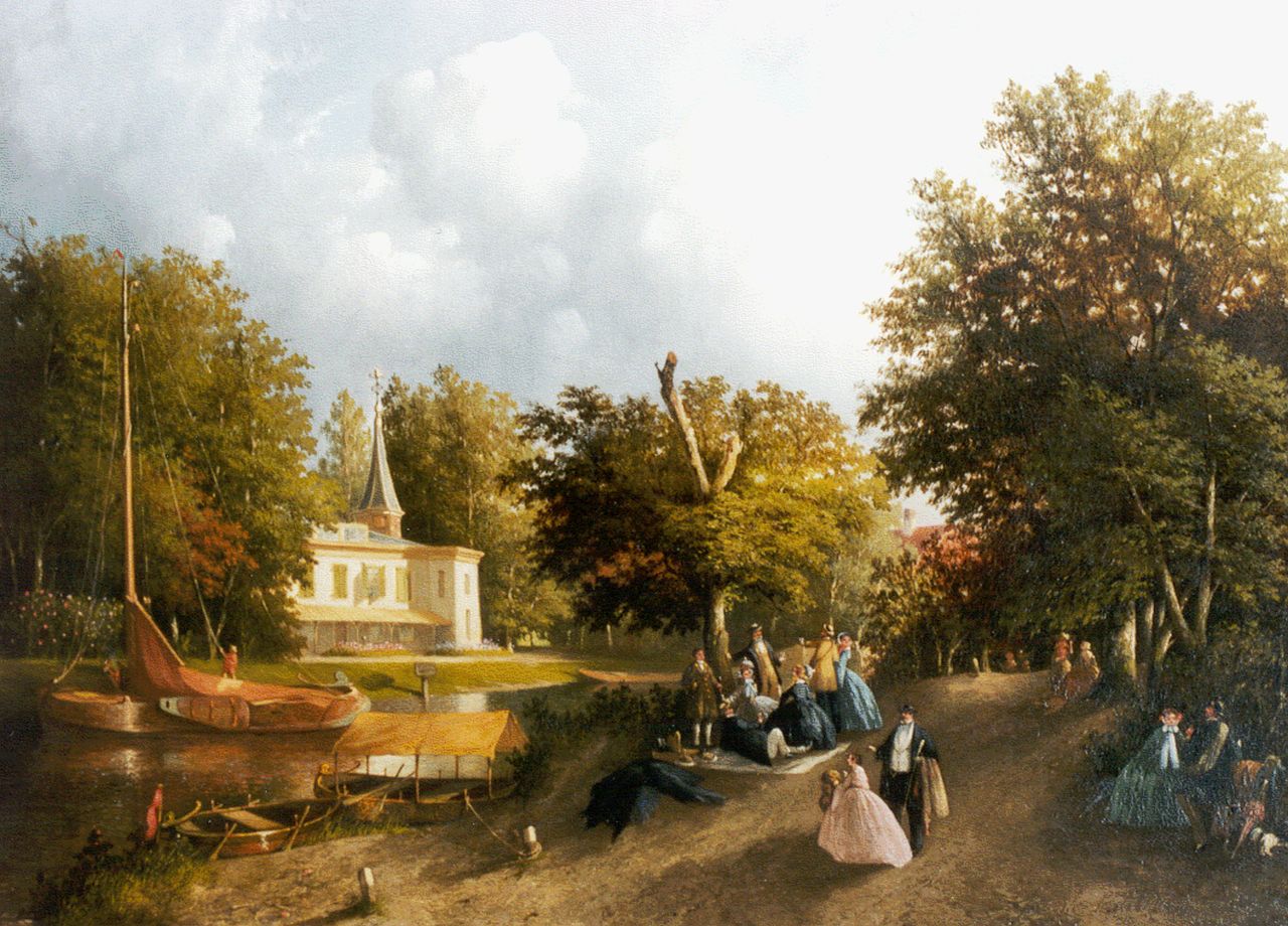 Bles J.  | Joseph Bles, Picknicken en wandelen langs de stadssingel, olieverf op paneel 37,1 x 49,7 cm, gesigneerd rechtsonder
