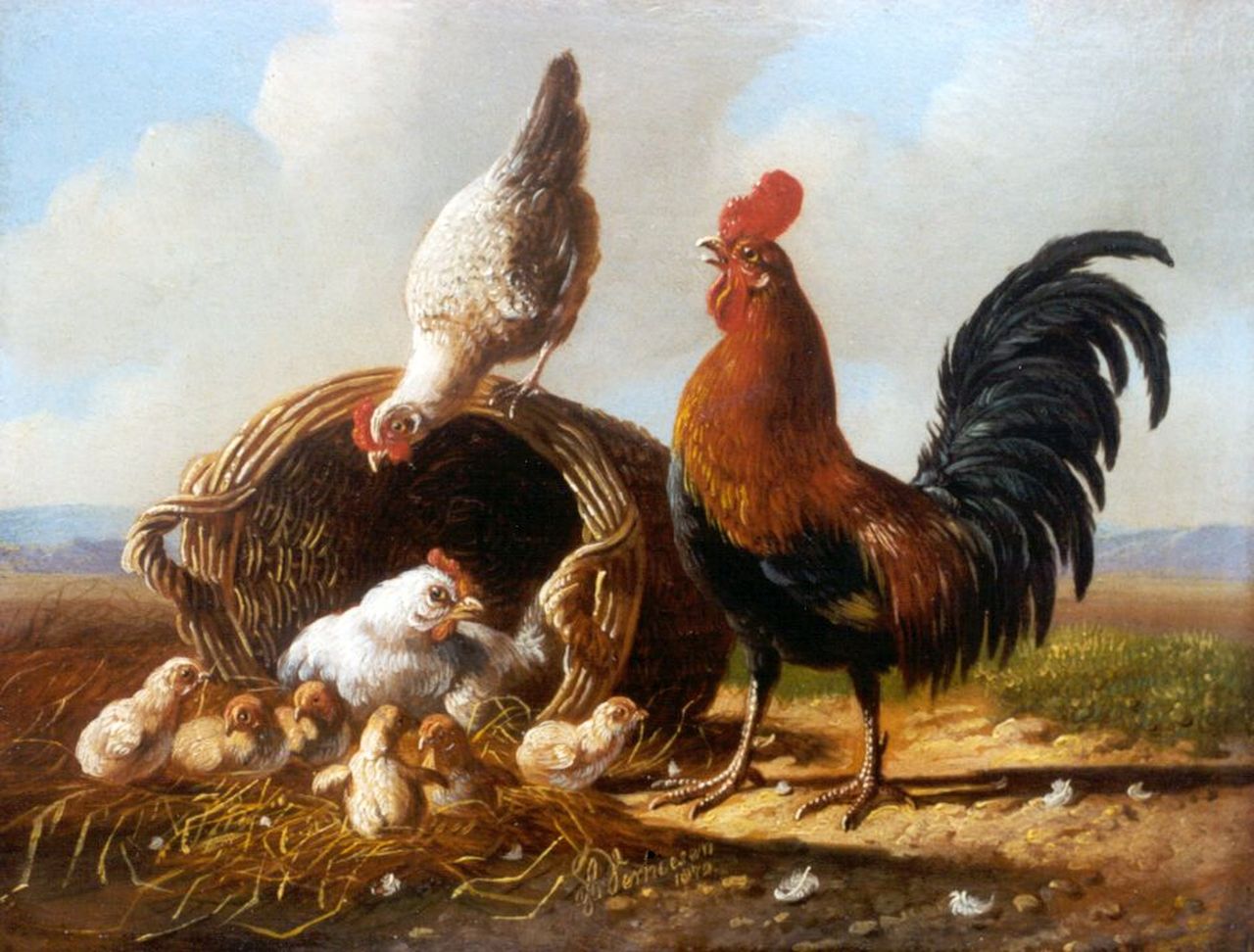 Verhoesen A.  | Albertus Verhoesen, Haan met kippen en kuikens bij een wilgentenen mand, olieverf op paneel 13,5 x 17,1 cm, gesigneerd middenonder en gedateerd 1872