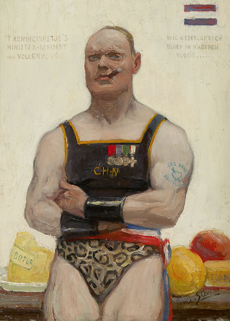 Aimé Stevens | Satirisch portret van Maurits van Vollenhoven, olieverf op schildersboard, 32,9 x 24,0 cm, gesigneerd r.o.