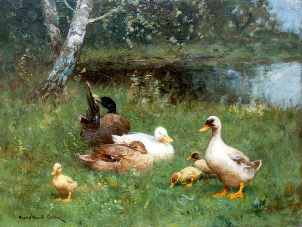 Artz C.D.L.  | 'Constant' David Ludovic Artz, Eenden en kuikens op een rivieroever, olieverf op paneel 18,1 x 23,8 cm, gesigneerd linksonder