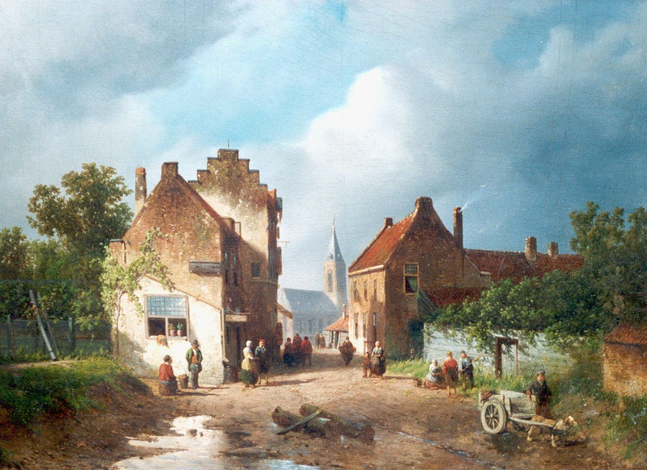 Vrolijk J.A.  | Jacobus 'Adriaan' Vrolijk, Zomers dorpsstraatje, olieverf op paneel 30,8 x 42,1 cm, gesigneerd rechtsonder en gedateerd '49