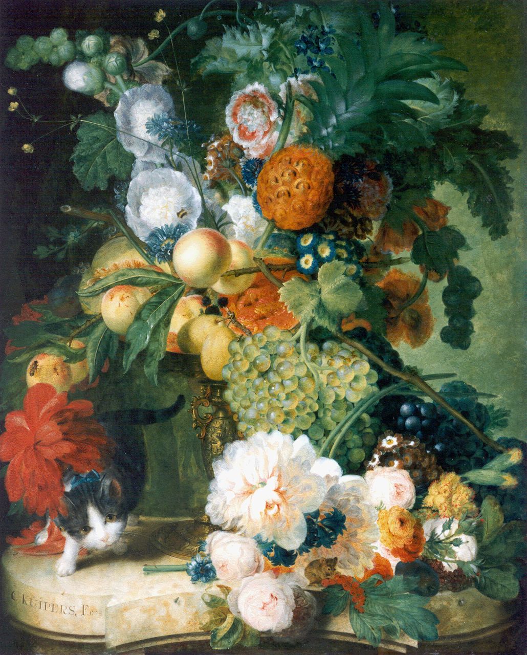 Kuipers C.  | Cornelis Kuipers, Bloemen en kat op een marmeren tafel, olieverf op paneel 87,0 x 70,0 cm, gesigneerd linksonder en gedateerd 1779