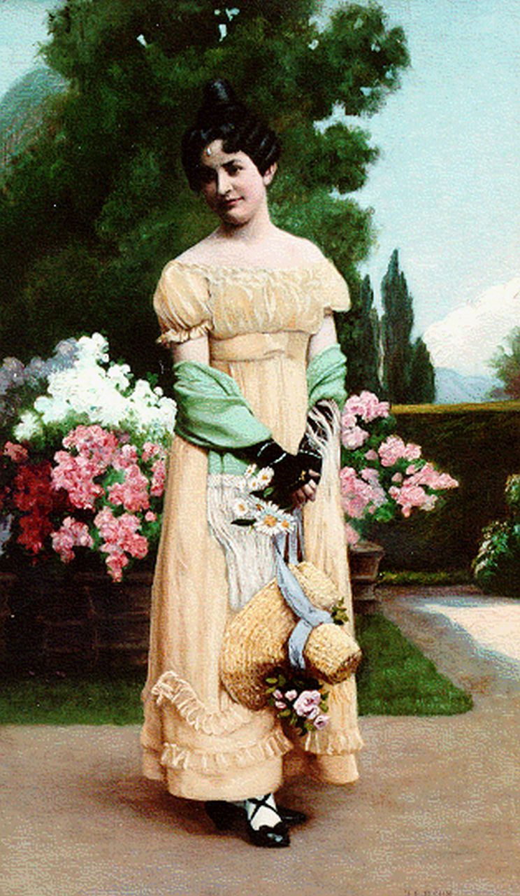 Böhm F.J.E.  | François-Jean-Emmanuel Böhm, Elegante vrouw in tuin, olieverf op paneel 46,0 x 27,2 cm, gesigneerd rechtsonder