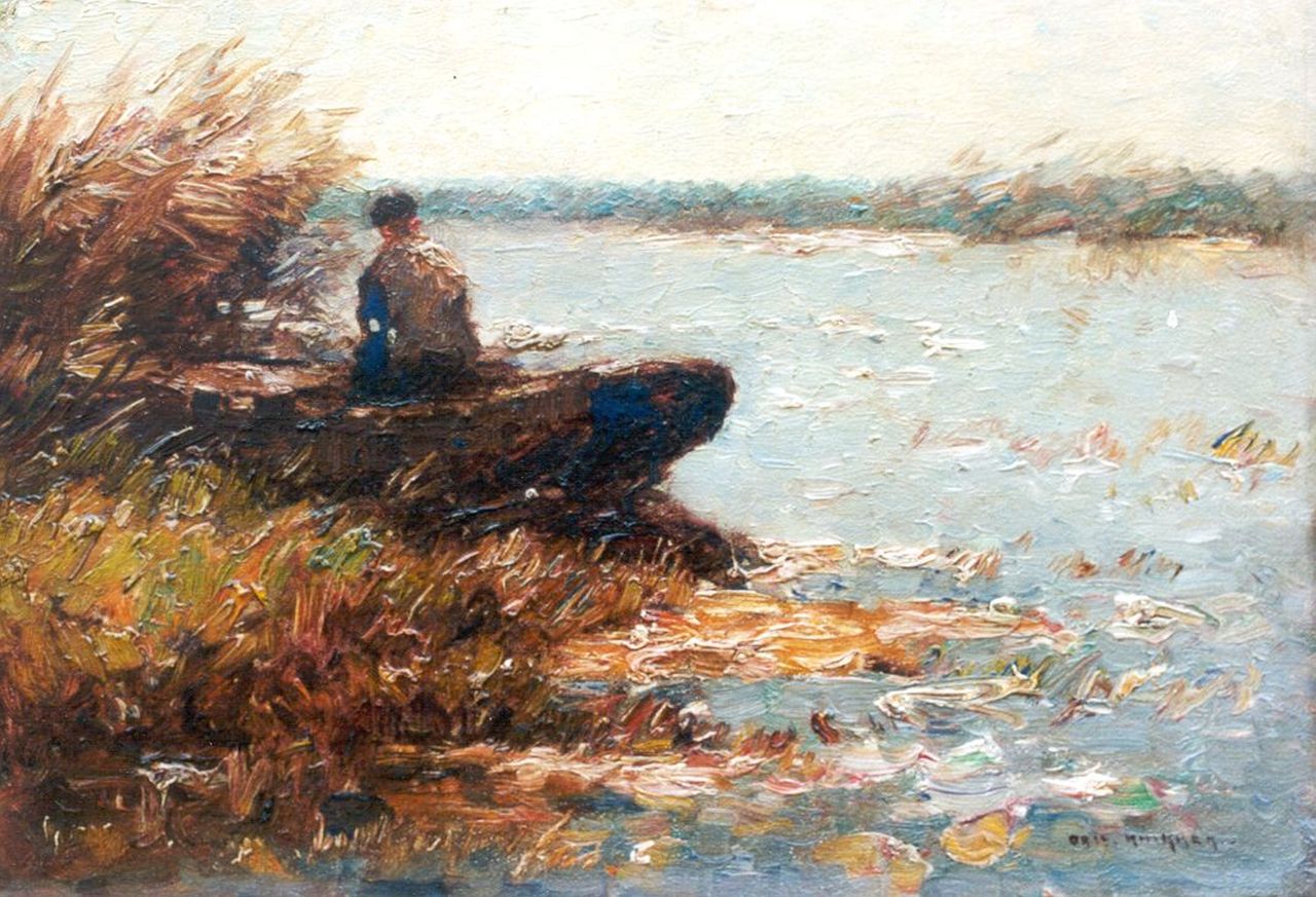 Knikker A.  | Aris Knikker, Polderlandschap met visser, olieverf op schildersboard 25,9 x 36,9 cm, gesigneerd rechtsonder