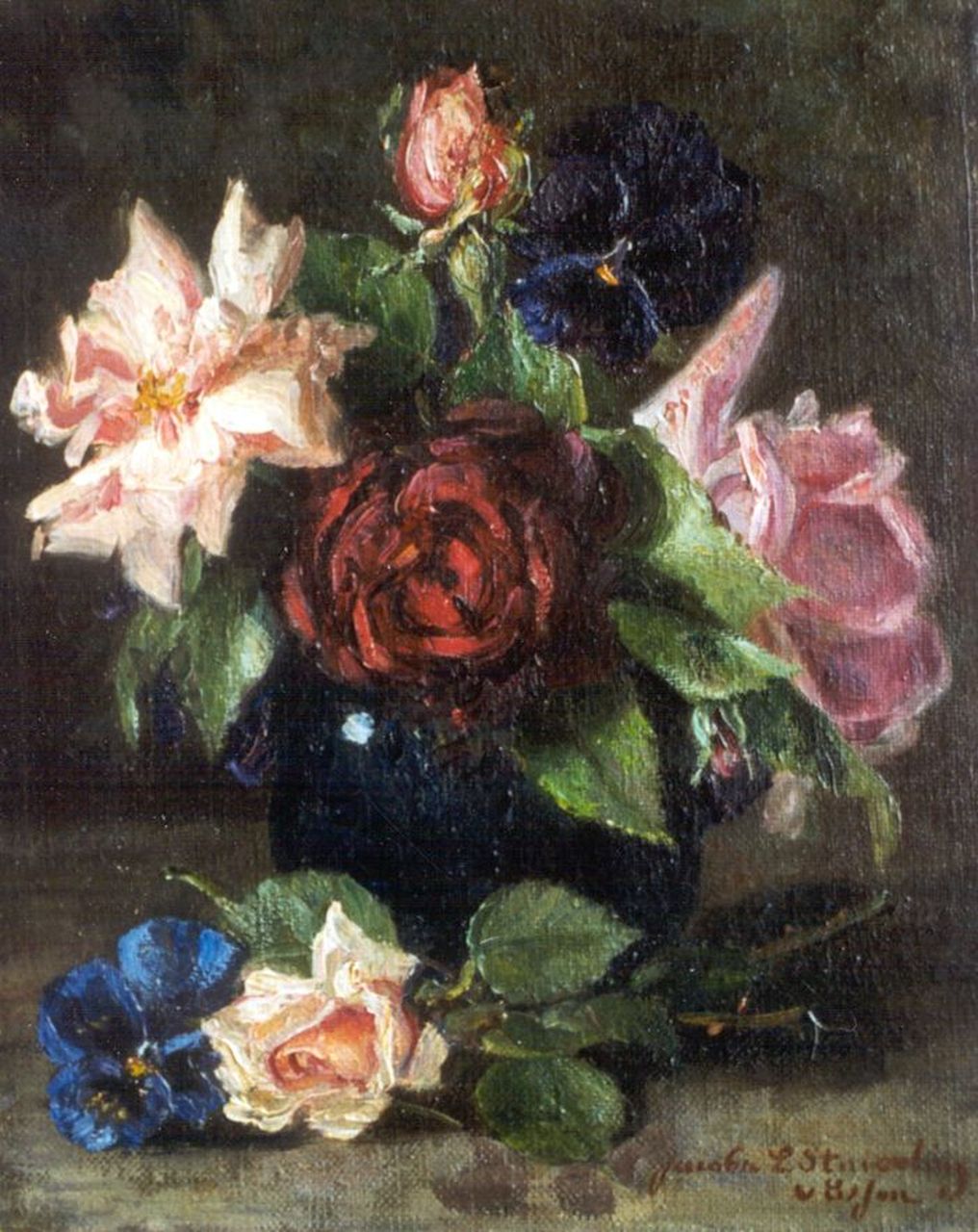 Stuiveling-van Essen L.J.  | Louise Jacoba 'Jacoba L.' Stuiveling-van Essen, Stilleven met rozen, olieverf op doek 25,2 x 20,2 cm, gesigneerd rechtsonder