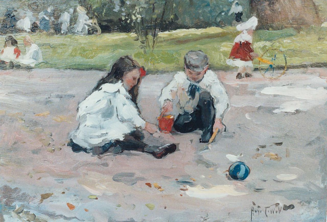 Voorden A.W. van | August Willem van Voorden, Spelende kinderen in een park, olieverf op board 22,5 x 32,5 cm, gesigneerd rechtsonder met initialen