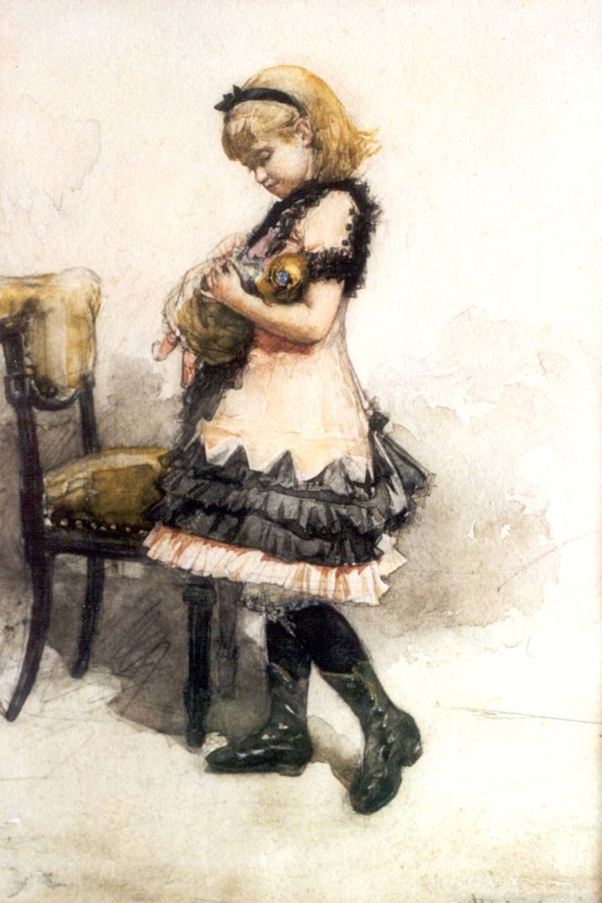 Haverman H.J.  | Hendrik Johannes Haverman, Het poppenmoedertje, potlood, krijt en aquarel op papier 31,5 x 21,5 cm, gesigneerd rechtsonder