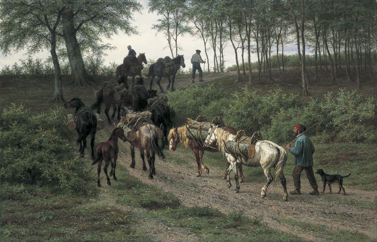 Nakken W.K.  | Willem Karel 'W.C.' Nakken, Houtdragende paarden in de bossen van Saint-Gatien, Calvados, olieverf op doek 84,2 x 130,3 cm, gesigneerd linksonder en gedateerd 1873