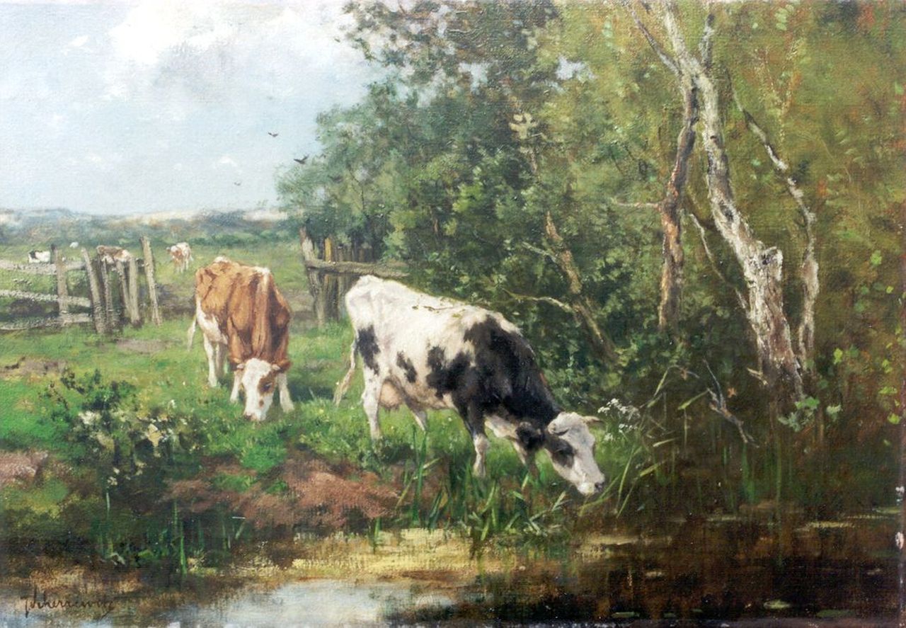 Scherrewitz J.F.C. | Johan Frederik Cornelis Scherrewitz, Duinlandschap met drinkende koeien, olieverf op doek 35,0 x 50,2 cm, gesigneerd linksonder Scherrewitz J.F.C. | Johan Frederik Cornelis Scherrewitz, Duinlandschap met drinkende koeien, olieverf op doek 35,0 x 50,2 cm, gesigneerd linksonder