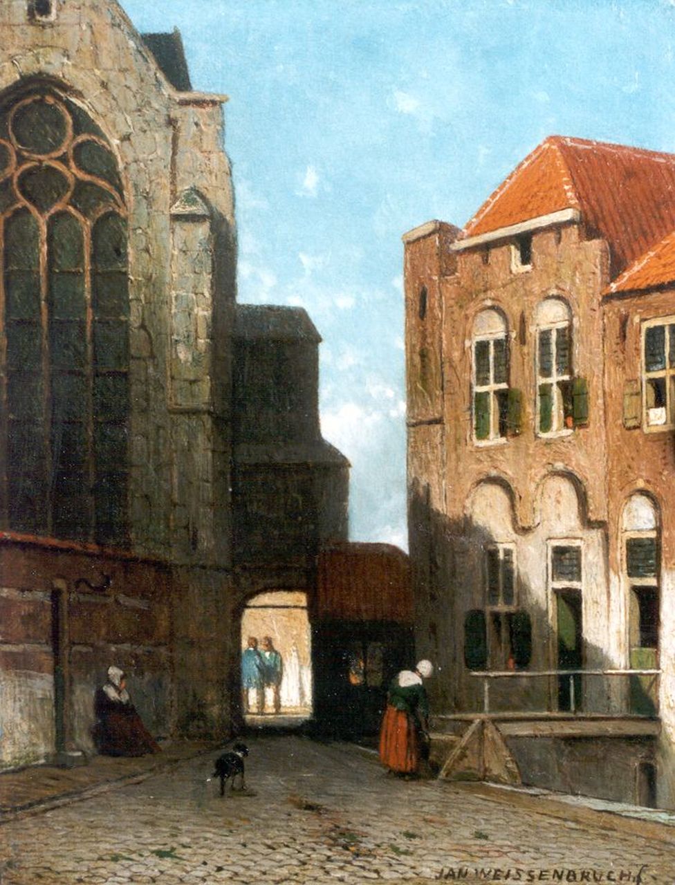 Weissenbruch J.  | Johannes 'Jan' Weissenbruch, Fantasiegezicht achter de Sint Janskerk te Gouda., olieverf op paneel 19,1 x 15,0 cm, gesigneerd rechtsonder
