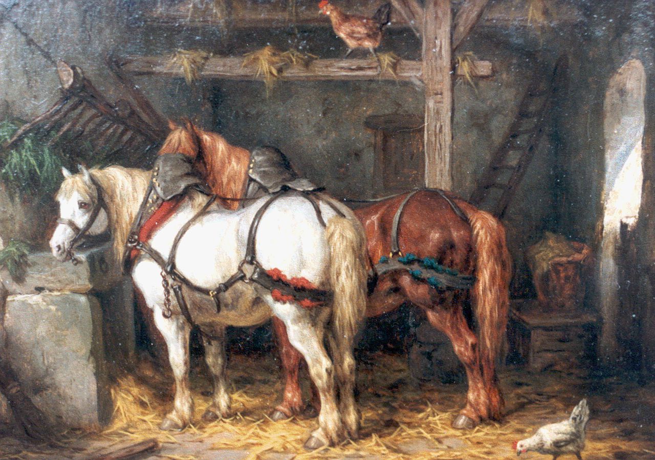Boogaard W.J.  | Willem Johan Boogaard, Paarden in een stal, olieverf op paneel 19,8 x 27,0 cm, gesigneerd rechtsonder en gedateerd 1876