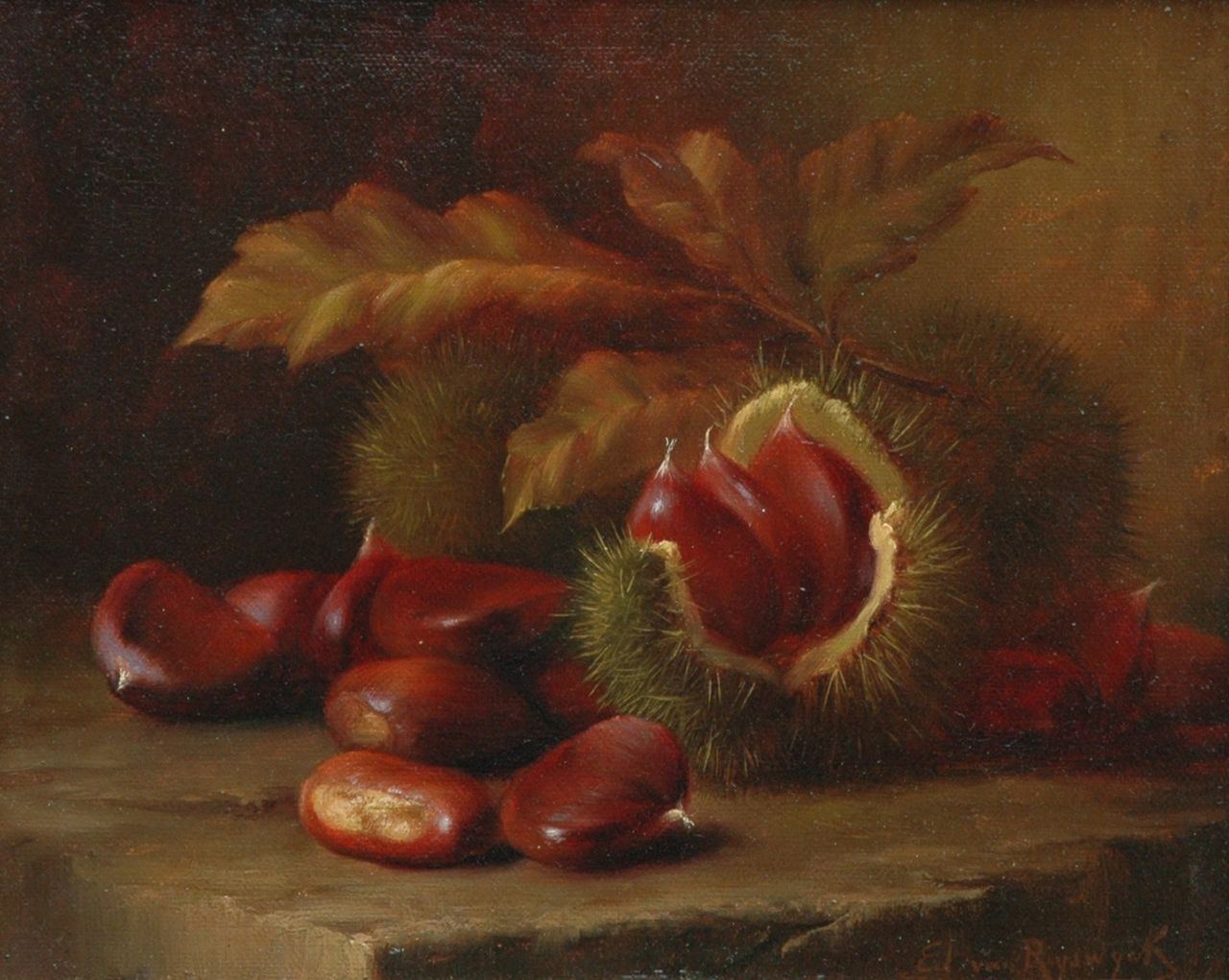 Ryswyck E. van | Edward van Ryswyck, Stilleven met tamme kastanjes, olieverfschets op schildersboard 21,8 x 26,8 cm, gesigneerd rechtsonder