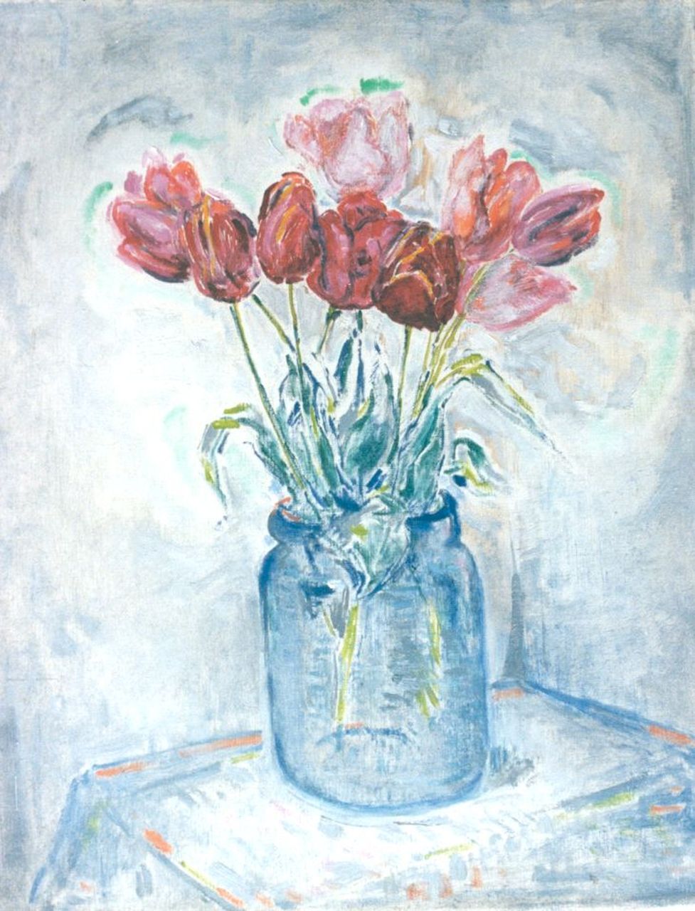 Rijn N.P.Q. van | Nicolaas Petrus Quirinus 'Nico' van Rijn, Tulpen in een glazen pot, olieverf op doek 50,0 x 40,3 cm