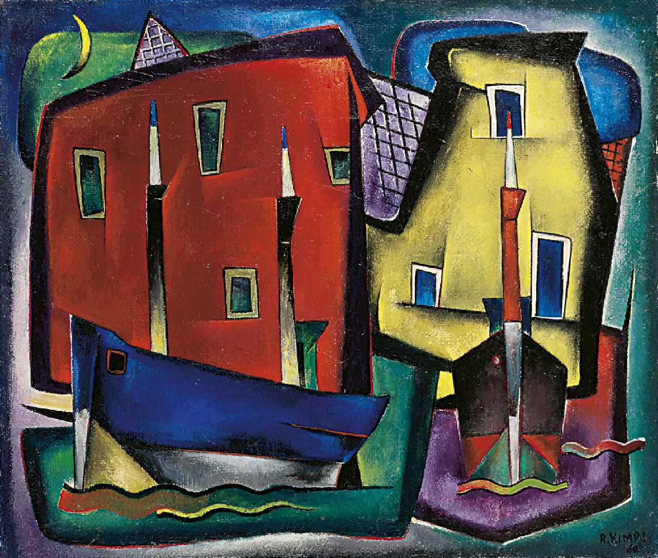 Kimpe R.J.P.  | Raymundus Josephus Petrus 'Reimond' Kimpe, Schepen en gevels, olieverf op doek 60,5 x 70,5 cm, gesigneerd rechtsonder en gedateerd '60