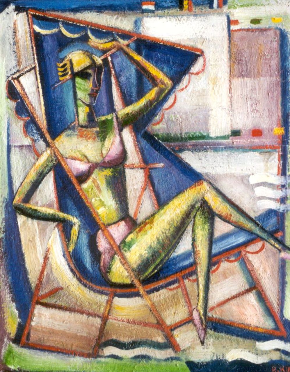 Kimpe R.J.P.  | Raymundus Josephus Petrus 'Reimond' Kimpe, Vrouw op strandstoel, olieverf op doek 60,2 x 50,4 cm, gesigneerd rechtsonder