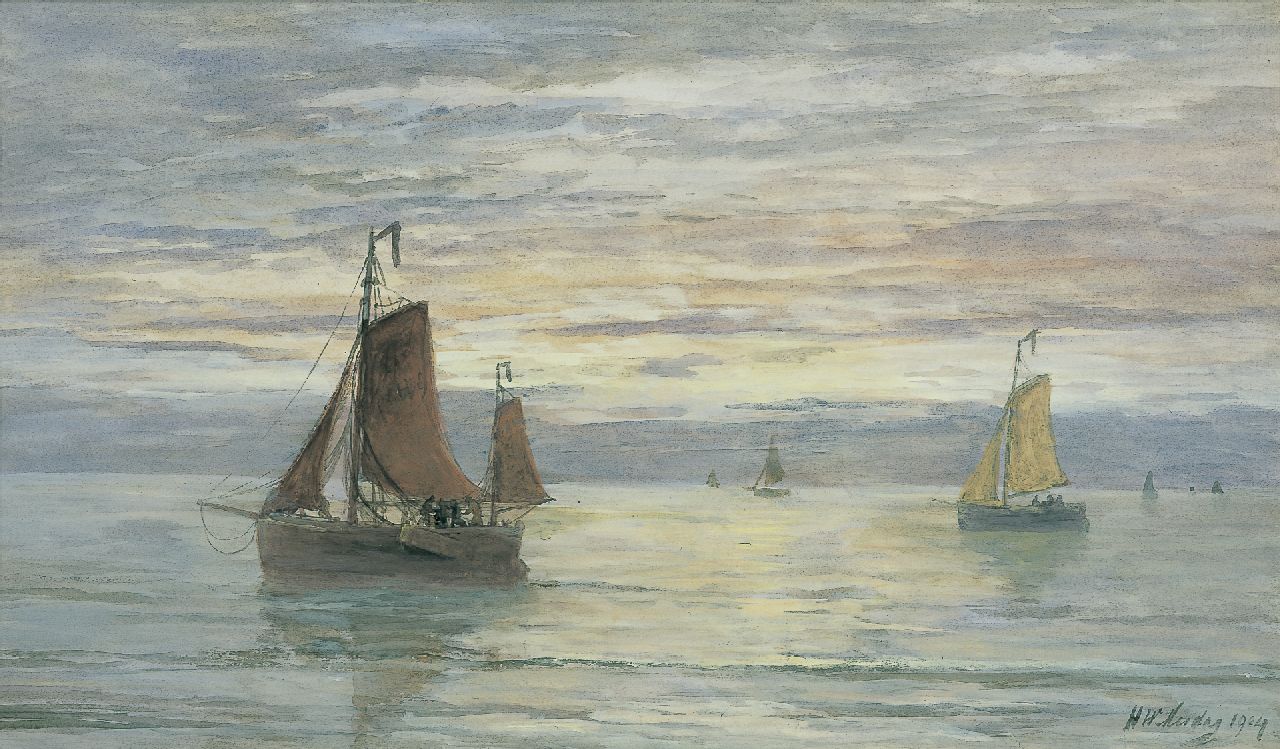 Mesdag H.W.  | Hendrik Willem Mesdag, Zeegezicht met vissersschepen, aquarel op papier 39,3 x 66,5 cm, gesigneerd rechtsonder en gedateerd 1904
