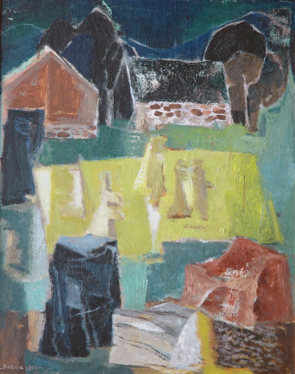 Bosma W.  | Willem 'Wim' Bosma, Stenen, korenschoven en een boerderij, olieverf op schildersboard 50,0 x 40,0 cm, gesigneerd linksonder en gedateerd 1956