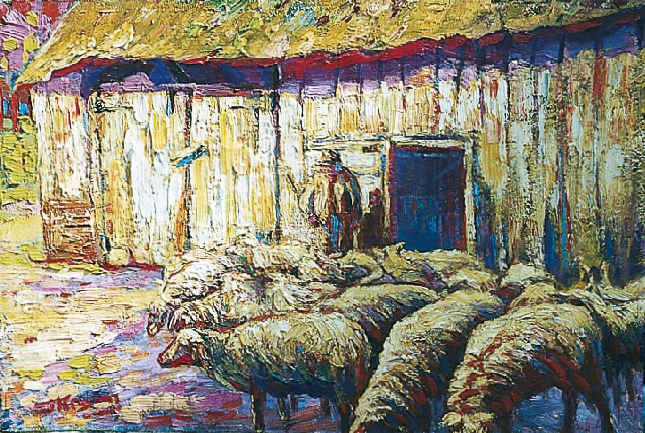 Kruysen J.  | Johannes 'Jan' Kruysen, Herder met schaapskudde in de zon, olieverf op doek 34,2 x 51,0 cm, gesigneerd linksonder en te dateren ca. 1915