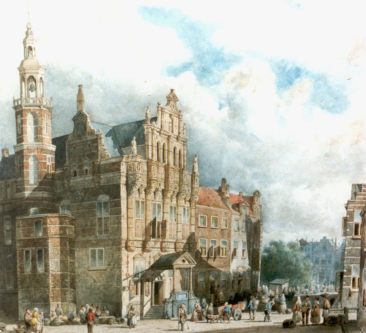 Vrolijk J.A.  | Jacobus 'Adriaan' Vrolijk, Figuren op marktplein Den Haag, aquarel op papier 40,2 x 43,0 cm, gesigneerd rechtsonder en gedateerd 1860
