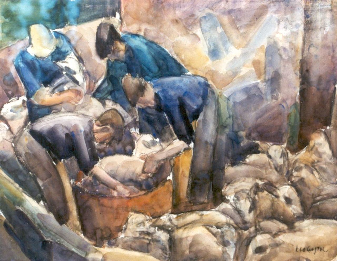 Gestel L.  | Leendert 'Leo' Gestel, De schapenscheerders, houtskool en aquarel op papier 47,4 x 61,5 cm, gesigneerd rechtsonder en te dateren ca. 1926