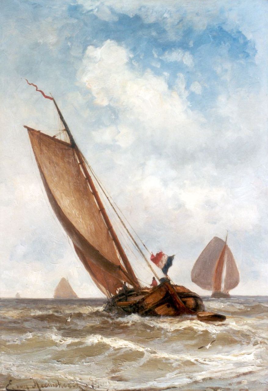 Heemskerck van Beest J.E. van | Jacob Eduard van Heemskerck van Beest, Hektjalk op volle zee, olieverf op paneel 50,9 x 35,2 cm, gesigneerd linksonder