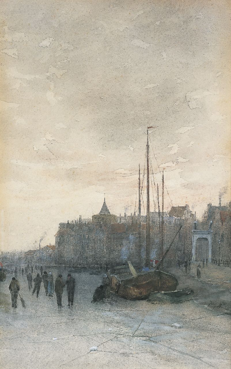 Neuhuys J.H.  | Joseph Hendrikus 'Jozef' Neuhuys, Schaatsers op de IJssel bij Kampen, aquarel op papier 45,1 x 28,6 cm, gesigneerd rechtsonder