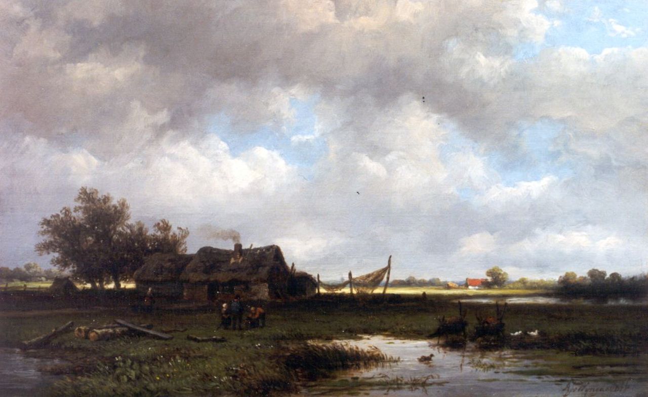 Wijngaerdt A.J. van | Anthonie Jacobus van Wijngaerdt, Landschap met vissershutten, olieverf op paneel 22,3 x 36,2 cm, gesigneerd rechtsonder