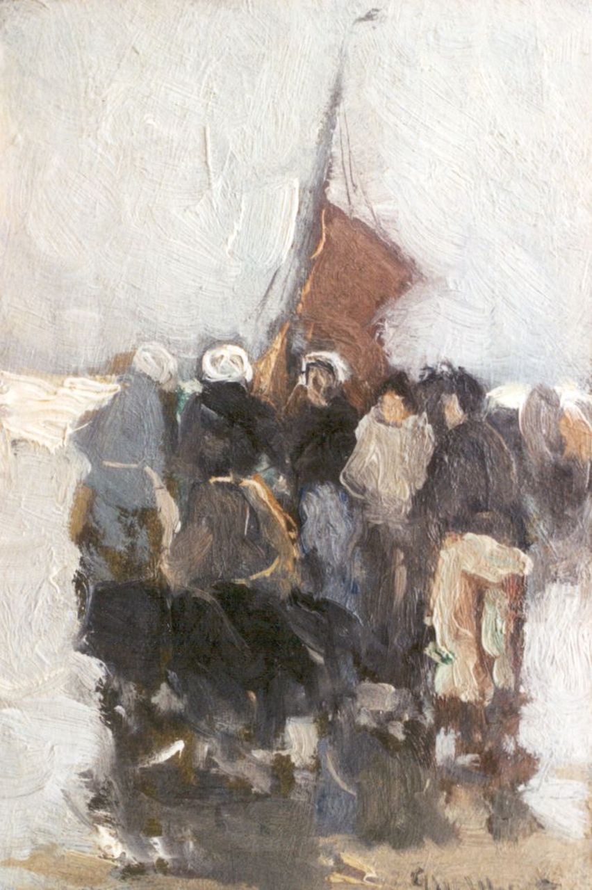 Munthe G.A.L.  | Gerhard Arij Ludwig 'Morgenstjerne' Munthe, Vissersvrouwen op het strand, olieverf op schildersboard 15,9 x 10,8 cm, gesigneerd rechtsonder