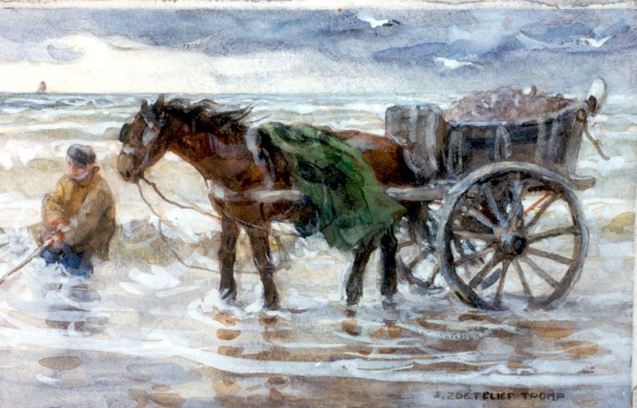 Zoetelief Tromp J.  | Johannes 'Jan' Zoetelief Tromp, Schelpenvissers met zijn paard en wagen in de branding, aquarel op papier 17,0 x 26,0 cm, gesigneerd rechtsonder