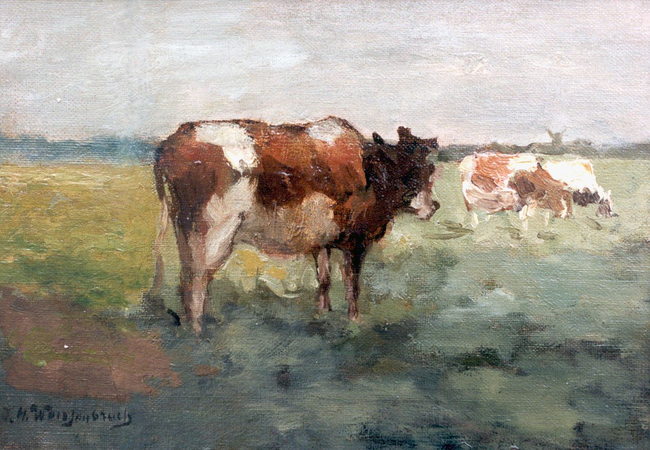Weissenbruch H.J.  | Hendrik Johannes 'J.H.' Weissenbruch, Koeien in de wei, olieverf op doek op paneel 17,0 x 24,0 cm, gesigneerd linksonder