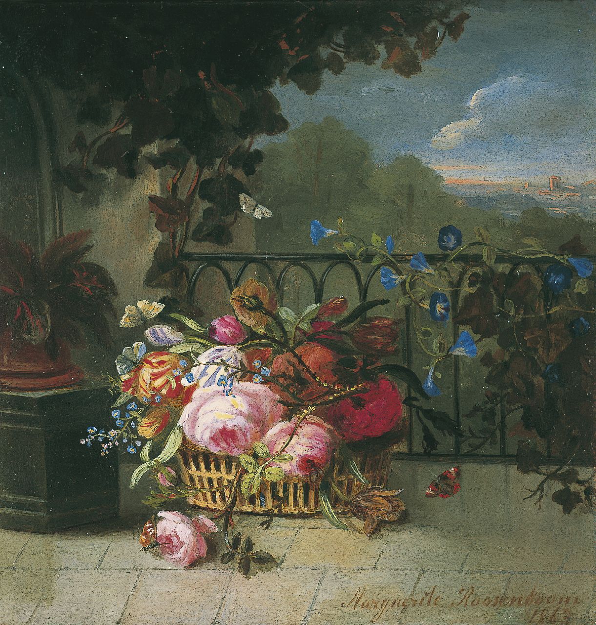 Roosenboom M.C.J.W.H.  | 'Margaretha' Cornelia Johanna Wilhelmina Henriëtta Roosenboom, Mandje met bloemen op een loggia, olieverf op paneel 15,0 x 14,3 cm, gesigneerd rechtsonder en gedateerd 1863