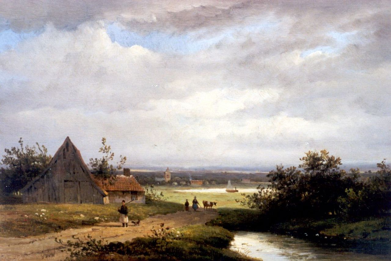 Wisselingh J.P. van | Johannes Pieter van Wisselingh, Landschap met boerderij en landvolk, olieverf op paneel 23,4 x 34,2 cm, gesigneerd linksonder met monogram