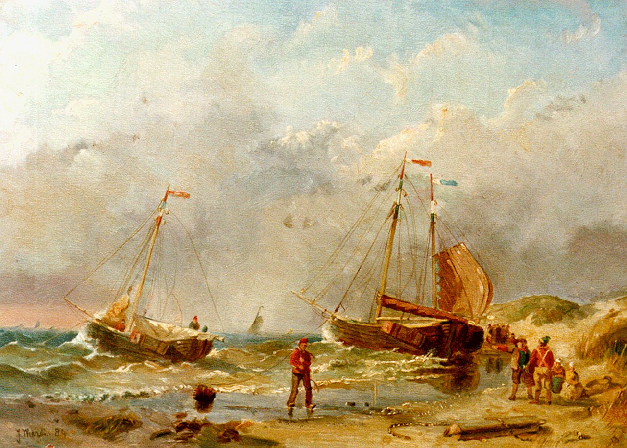 Wiardi J.  | Jan Wiardi, Bedrijvigheid op het strand, olieverf op paneel 20,0 x 30,0 cm, gesigneerd linksonder en gedateerd '84