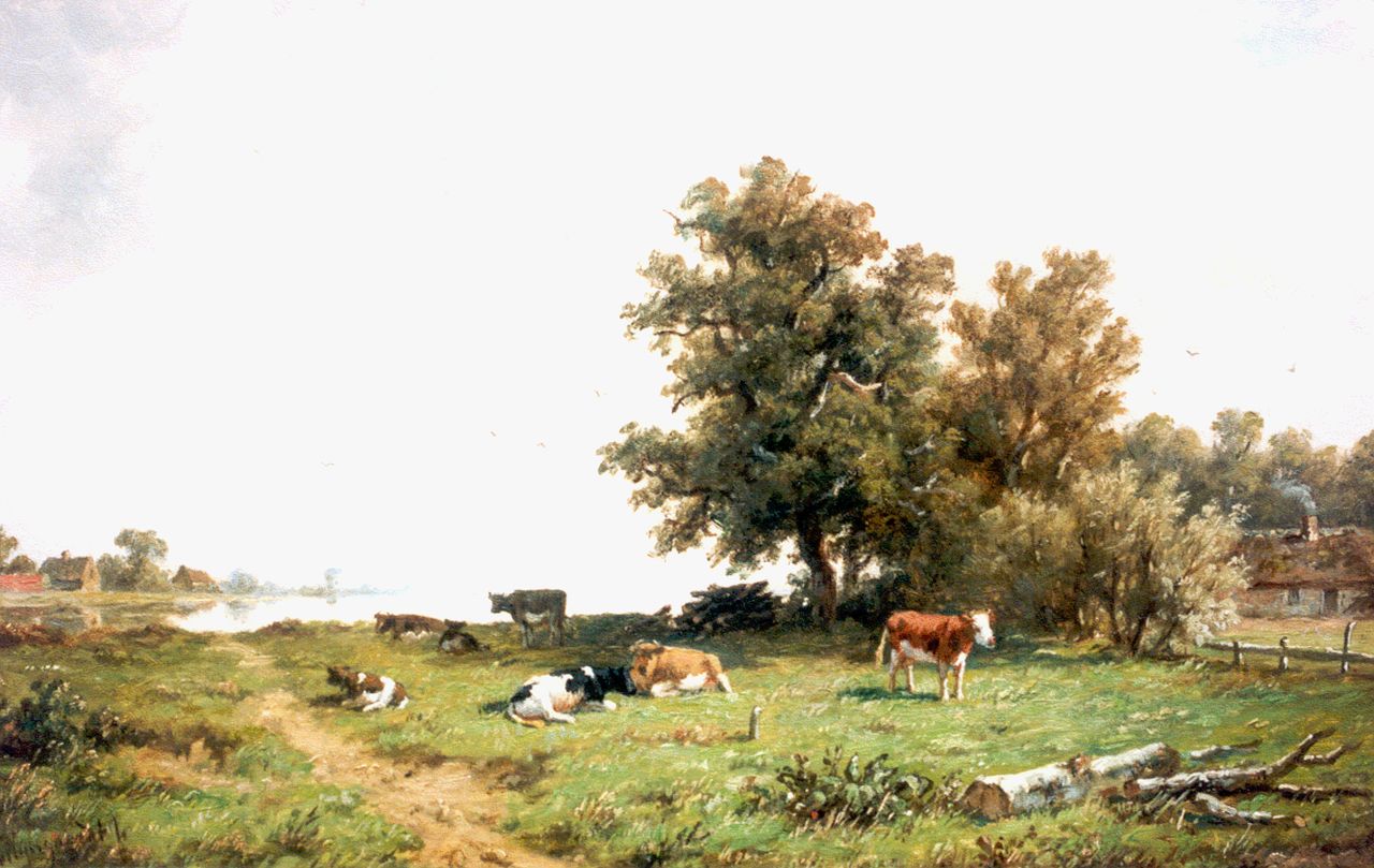 Wijngaerdt A.J. van | Anthonie Jacobus van Wijngaerdt, Rivierlandschap met koeien aan de waterkant, olieverf op doek 33,0 x 48,0 cm, gesigneerd linksonder