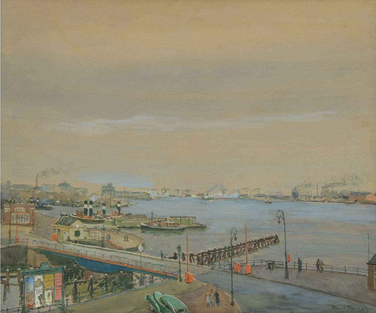 Bart Peizel | Gezicht op de haven van Amsterdam, aquarel op schildersboard, 49,1 x 58,8 cm, gesigneerd r.o.