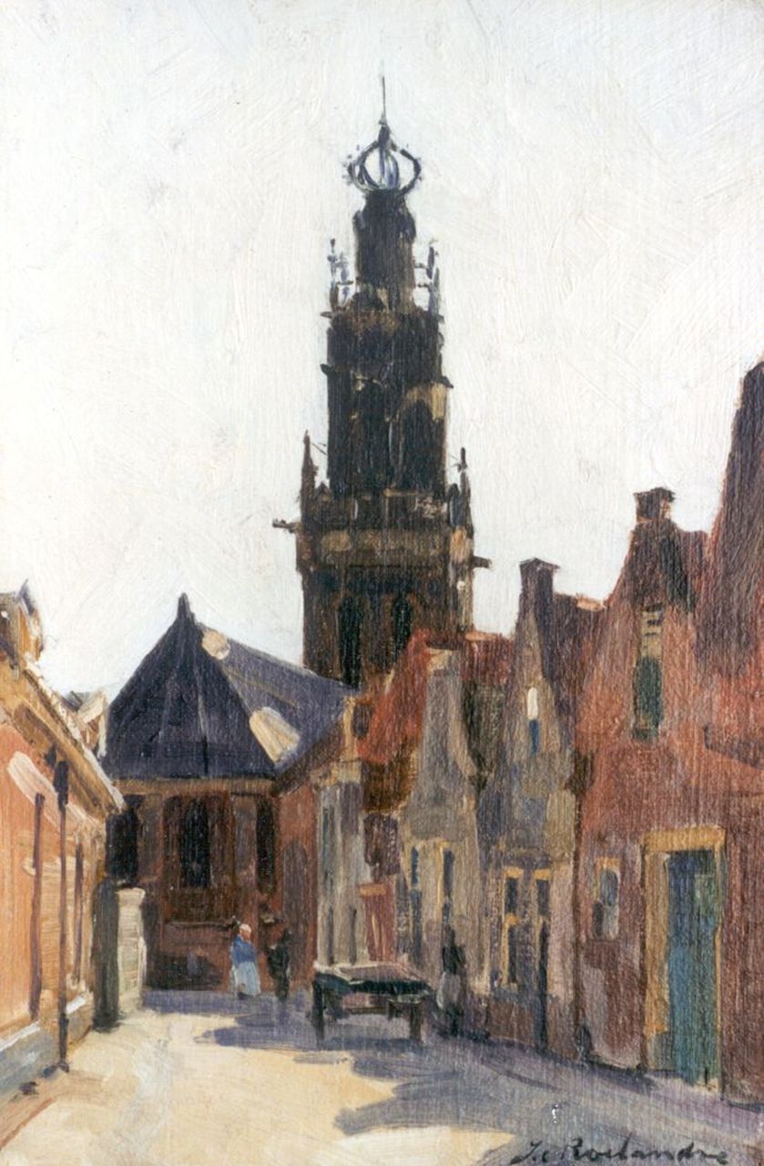 Roelandse J.C.  | Johannes Cornelis Roelandse, Gezicht in Leiden met de toren van het Stadhuis, olieverf op doek op paneel 32,5 x 21,6 cm, gesigneerd rechtsonder