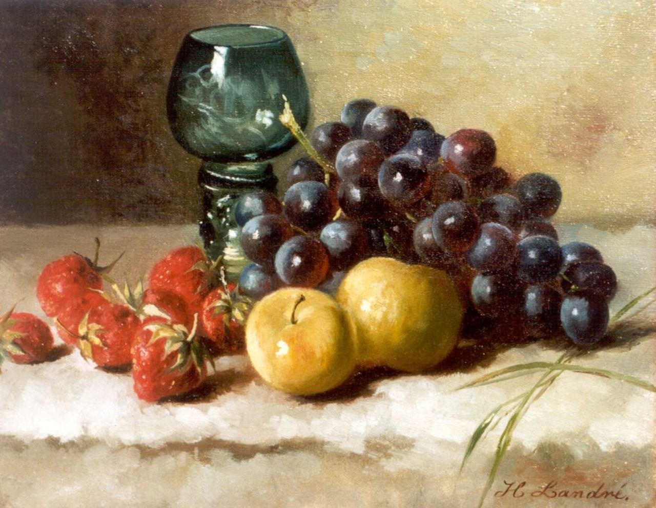 Landré-van der Kellen H.W.  | Hendrika Wilhelmina Landré-van der Kellen, Stilleven met druiven, aardbeien en wijnroemer, olieverf op doek 25,0 x 31,0 cm, gesigneerd rechtsonder