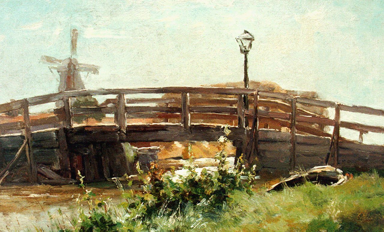 Wijsmuller J.H.  | Jan Hillebrand Wijsmuller, Landschap met molen bij een bruggetje, olieverf op doek op paneel 33,7 x 49,7 cm, gesigneerd rechtsonder