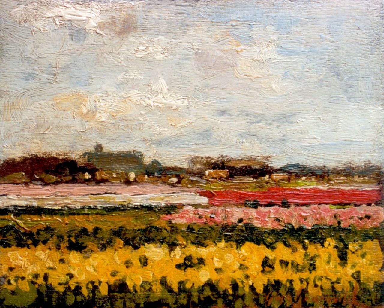 Groeneveld C.  | Cornelis Groeneveld, Bollenvelden, olieverf op paneel 18,0 x 22,7 cm, gesigneerd rechtsonder
