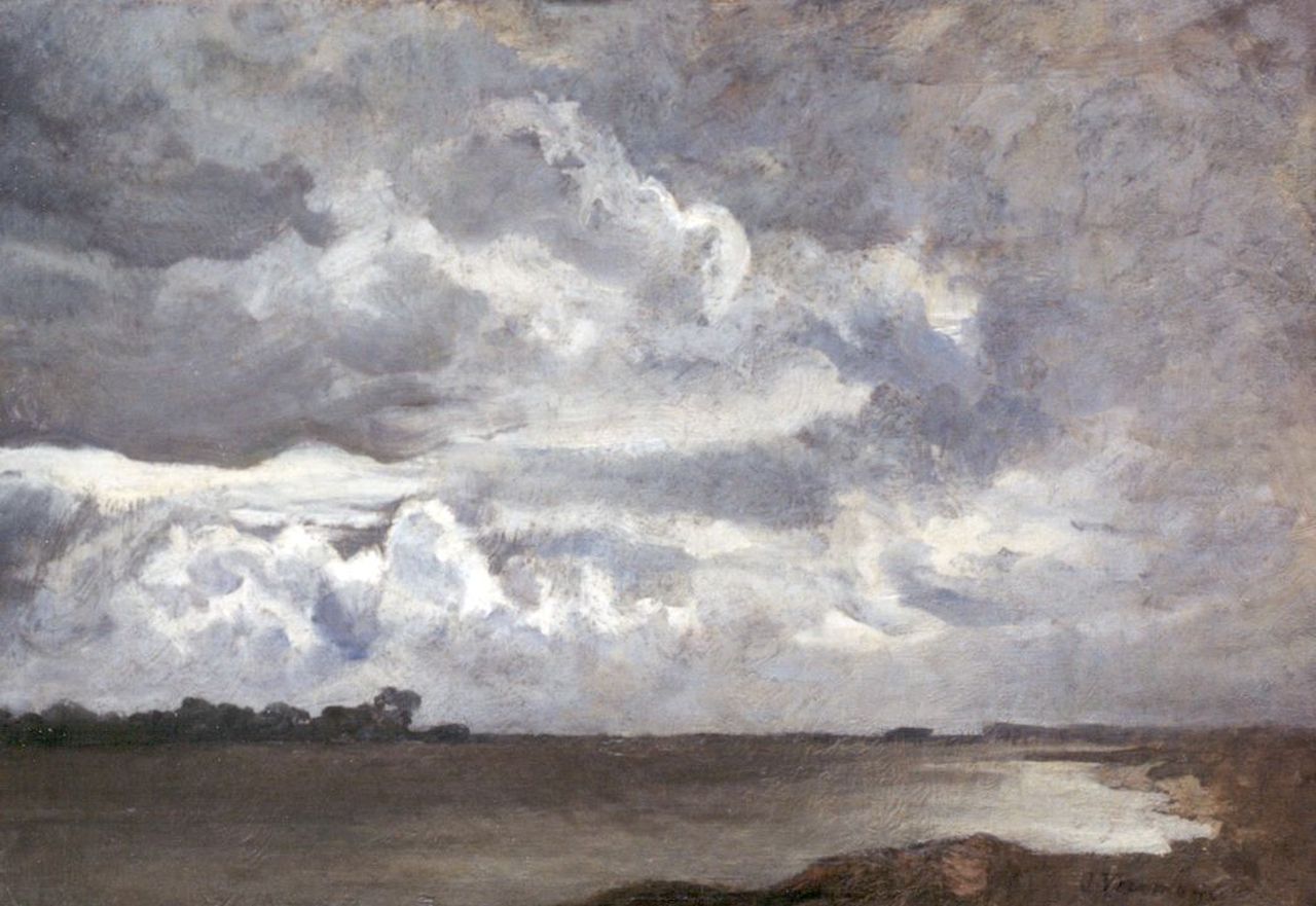 Voerman sr. J.  | Jan Voerman sr., Stapelwolken boven de IJssel bij Hattem, olieverf op doek op paneel 27,8 x 38,5 cm, gesigneerd rechtsonder