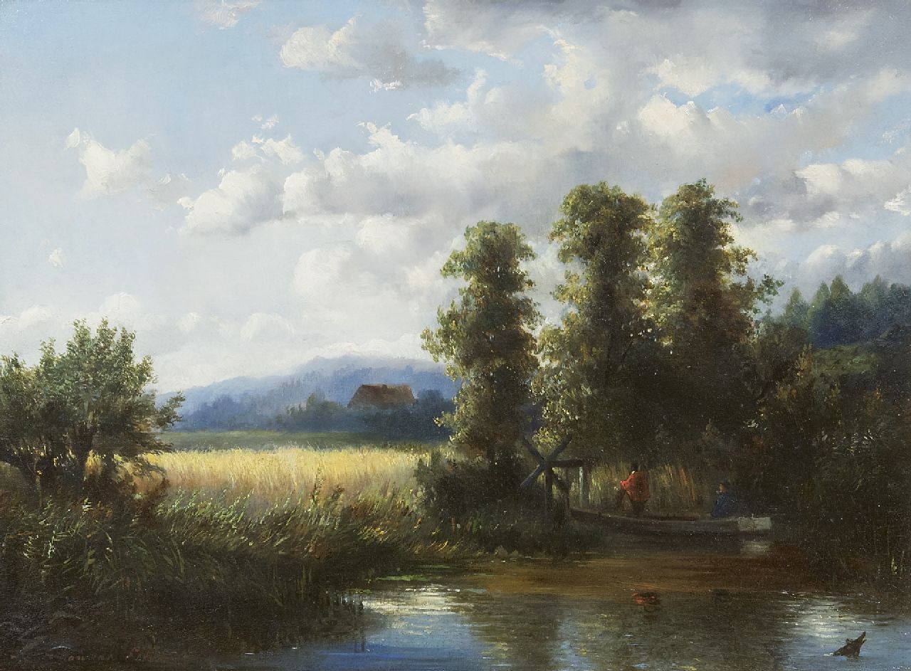 Hendrik Dirk Kruseman van Elten | Landschap met korenveld en vissers, olieverf op paneel, 28,0 x 37,0 cm, gesigneerd l.o.
